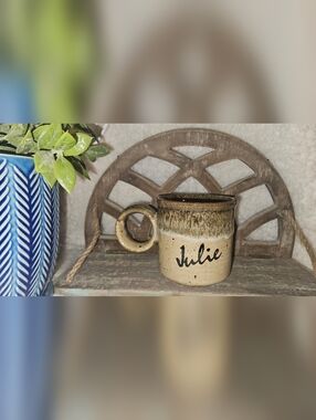 Handmade Ceramic Mug with Script Name Julie - Speckled Beige, Tan & Brown